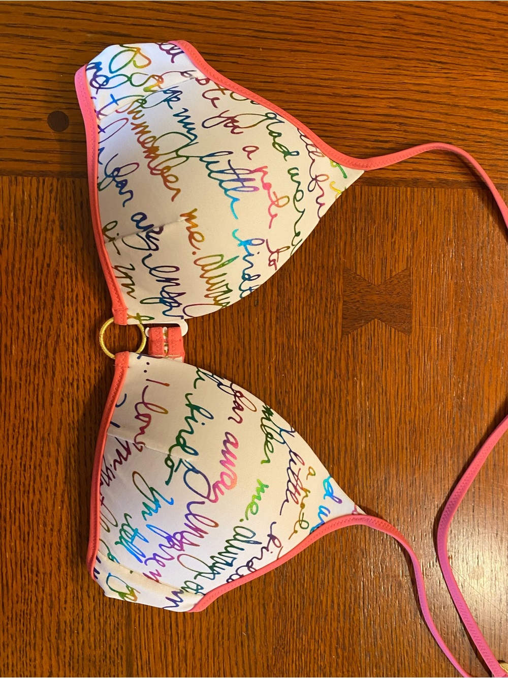 PINK Victoria's Secret White Bikini Top with Rainbow Script and Pink Trim